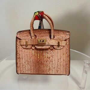 Handmade Mini Leather Bag Charm • Orange Brown • Shiny Textured Lines